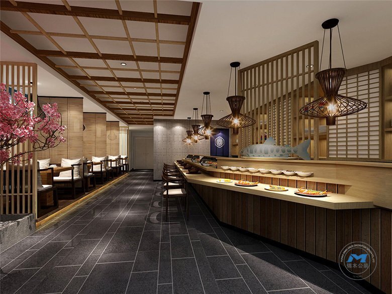 日韓料理餐廳裝修設(shè)計取菜區(qū)效果圖